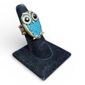 Vintage Gold-Tone Stretch Ring - Owl Design - Turquoise Stones - Boho, Retro